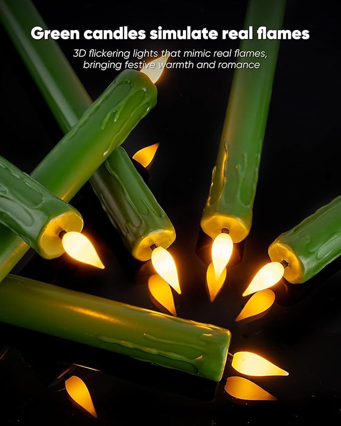 Homemory 6 Pcs Real Wax Green Flameless Taper Candles with Remote Timer, 9.6 Inches LED Fake Candlesticks, LED Candle with 3D Flickering Flame for Romantic Wedding, Dinner, Xmas Anniversary Decor