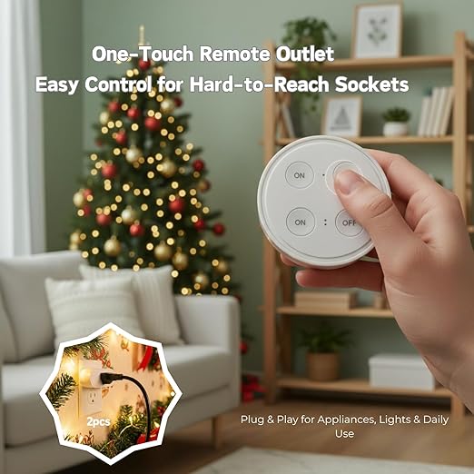 LoraTap Wireless Outlet (2 Pack) - Ergonomic Round Remote (Comfort Grip!) + Magnetic Wall Base - Stick & Grab, No Wall Damage - 15A/1875W 100ft Range - Control for Hard-to-Reach Sockets