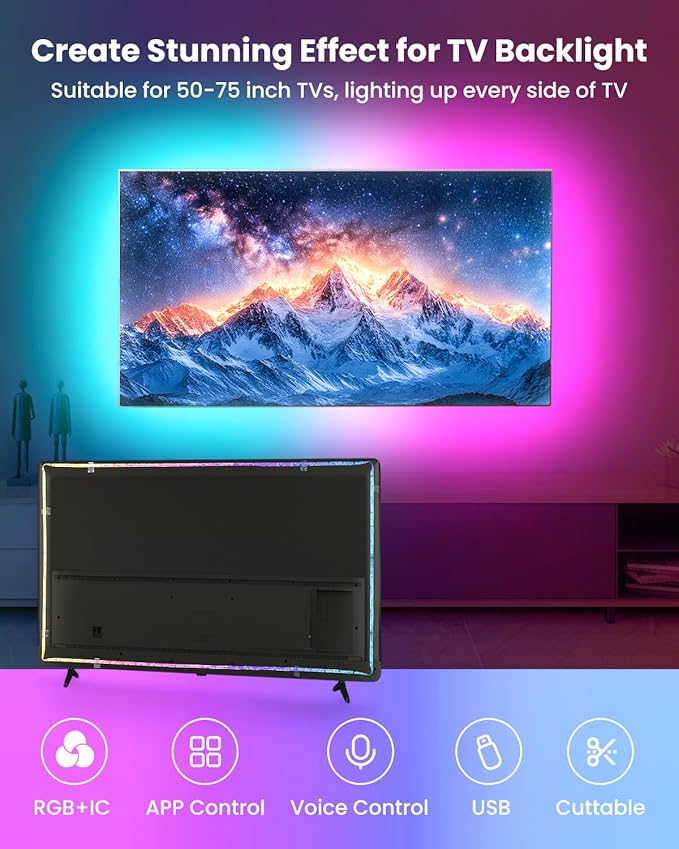 9.84ft RGB+IC LED Lights for 32-43 Inch TV, Backlight Strip Behind TV with Music Sync, Bluetooth APP and Voice Control, 44 Scene Modes, for Ambient Mood Lighting, Monitor Game, Bedroom, Living Room