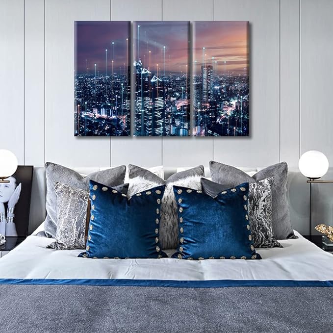TUMOVO 3 Panel Modern City with Wireless Network Connection Canvas Wall Art Abstract Futuristic PCB Pattern Pictures Wall Decor for Living Room Framed Ready to Hang (36" Wx24 H)
