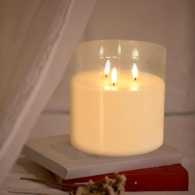 NICEME Extra Large 3 Wick Battery Operated Candle, 6"x6" Big Clear Glass Flameless Candles with Remote, Real Wax Flickering Led Pillar Fake Giant Candle for Wedding Party Holiday Home Decor, White