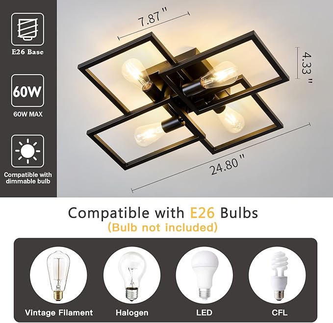 ASGYISA Black Industrial Semi Flush Mount Ceiling Light Kitchen Light Fixtures 4-Light Modern Large Matte Sputnik Chandelier for Dining Room Bedroom Farmhouse Living Room