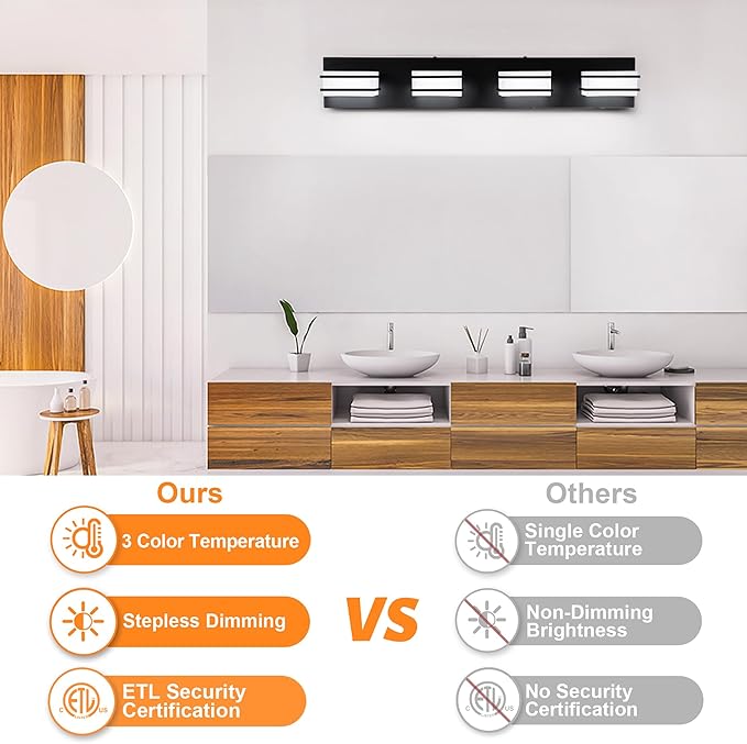 3 Color Temperature Dimmable Bathroom Light Fixtures Over Mirror, LED Black 4 Light Vanity Lighting Fixtures, Acrylic Stainless Steel Square Shade Vanity Lights for Bathroom, ETL Certificated
