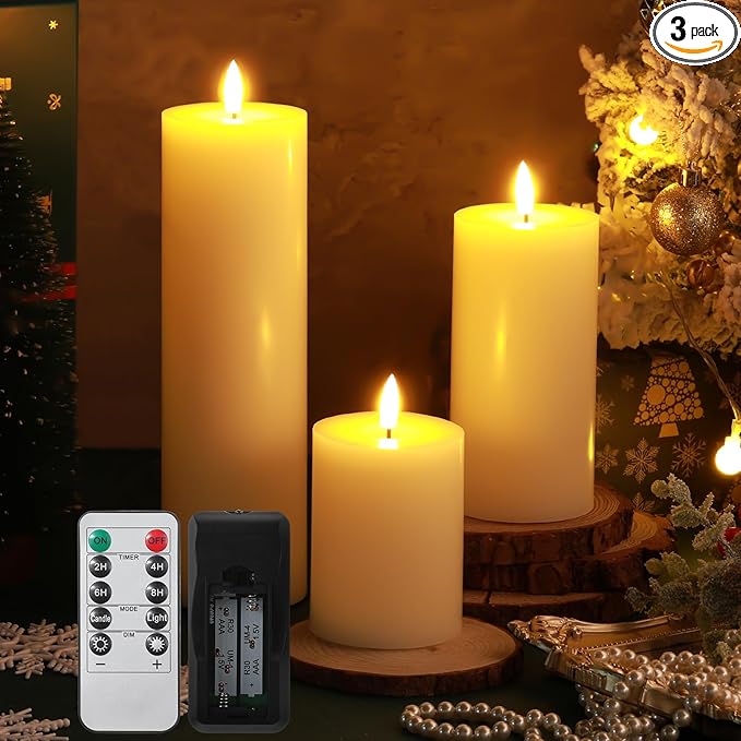 Retisee 3 Pcs Ivory Large Flameless LED Electric Candles with Remote Battery Operated 3D Pillar Flickering Candles for Home Table Porch Outside Indoor Party Wedding Light Decor(4''/6''/10'' x 3'')