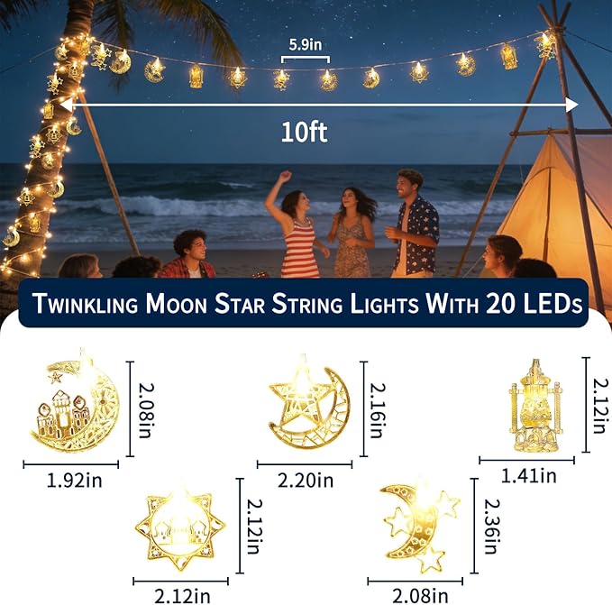 Moon Star String Lights 10FT 20 LED Star Fairy Lights Ramadan Lights with Battery & USB Powered 2 Lighting Modes Waterproof Eid Mubarak lights for Ramadan Decorations Christmas New Year Wedding Party