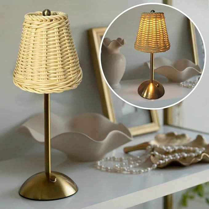 12.2 Inch Gold Rattan Lamp with Touch Dimmer, Portable Cordless Lamp, Small Rechargeable Table Lamp, 3 Color Touch Control Dimmable Bedside Lamps, Suitable for Living Room Bedroom Study