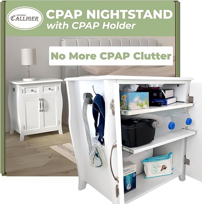 Northwood Calliger Bedroom CPAP Nightstand with Drawers for CPAP Accessories & Machine - Sleek Wooden Night Stand with CPAP Hose Holder Bed Side Table with Storage (White)