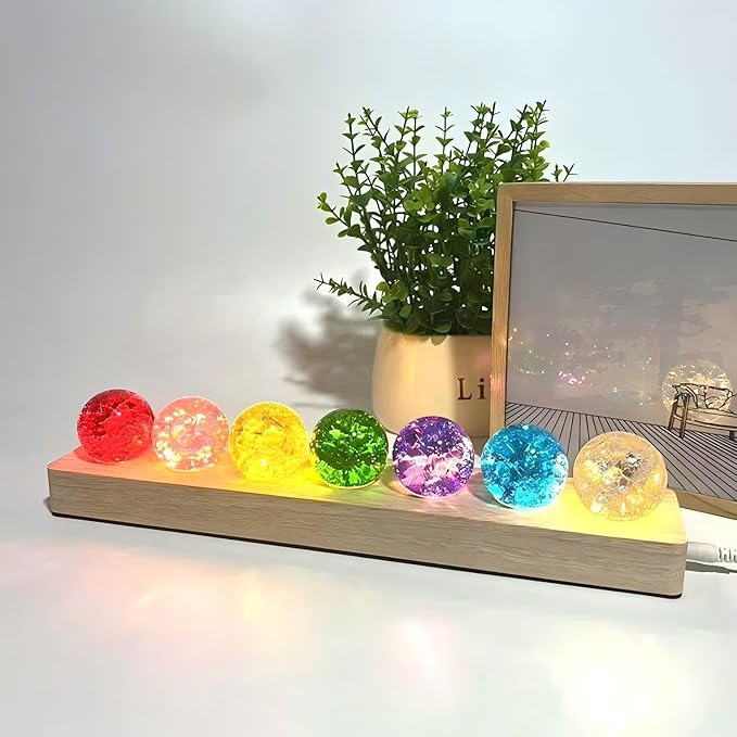 40mm 7 Colors Ice Cracked Glass Crystal Chakra Sleep Lamp Decorative USB Lights with LED Wooden Base, for Meditation Positive Energy Gift Decoration Balls Set