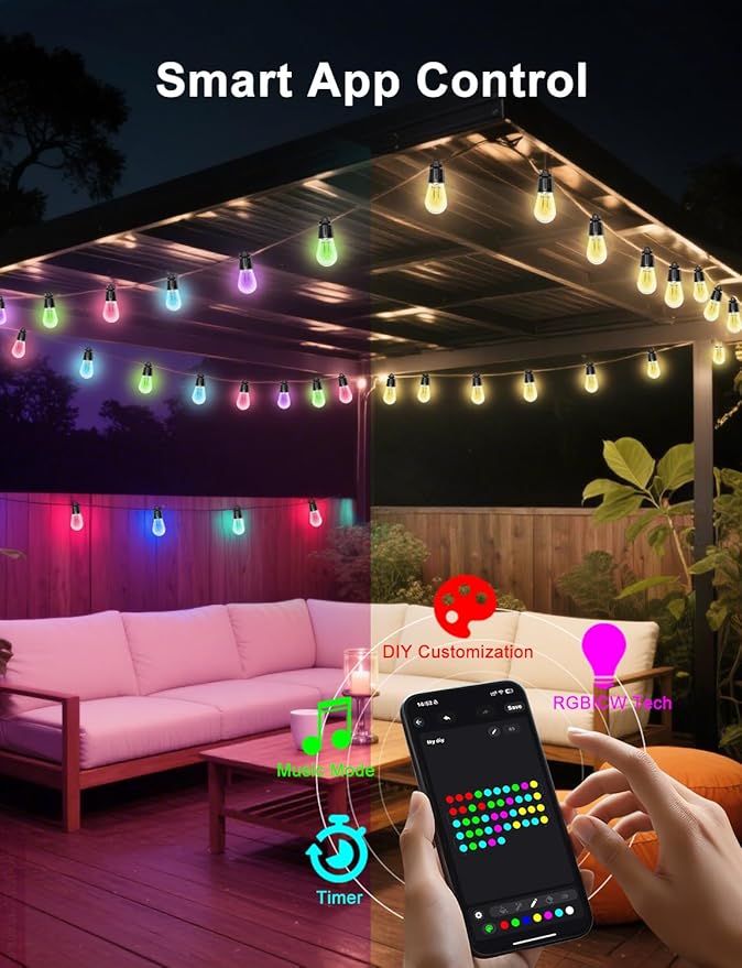 Outdoor String Lights, 50ft Smart RGB IC Warm White Patio Lights Outdoor Waterproof with Remote & App Control, Compatible with Alexa Great for Deck, Gazebo, Balcony
