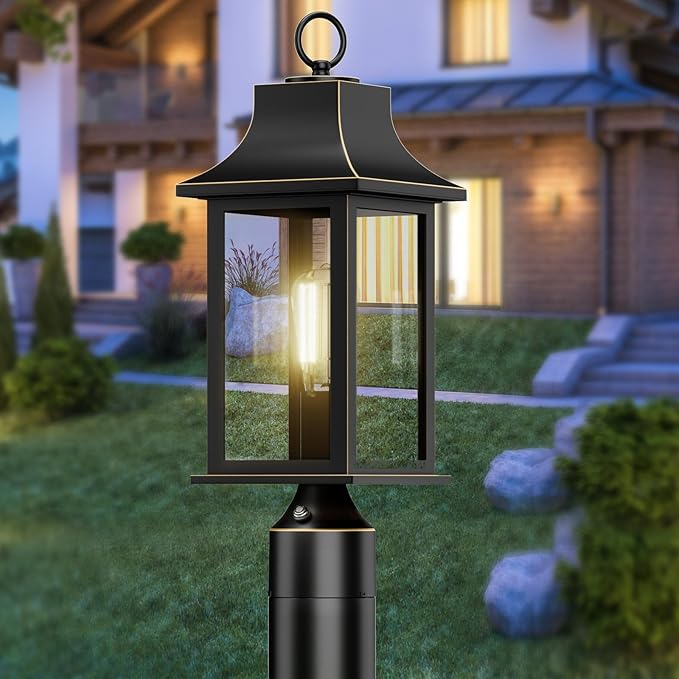 Dusk to Dawn Outdoor Post Light Hardwired 120V, 19.29" Oil Rubbed Bronze Lamp Post Light Fixture with Pier Mount Base, Waterproof Aluminum Pole Light for Yard, Patio, Garden, Pathway