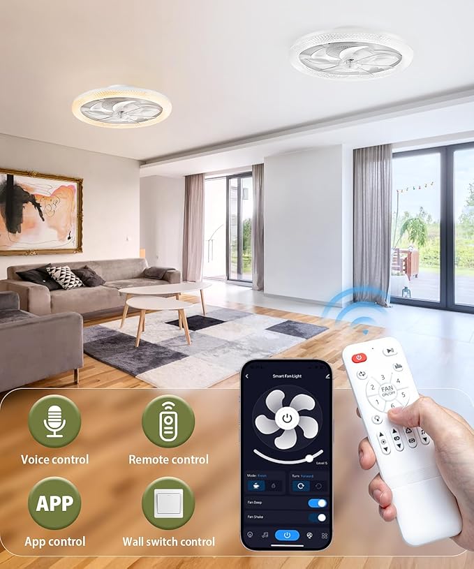 20” Low Profile Ceiling Fan with Light - 2-in-1 Bladeless Safety Design for Kids, RGB+CCT Dimmable, Smart APP/Remote Control, Quiet Flush Mount DC Motor, Ideal for Bedroom/Living Room/Kitchen