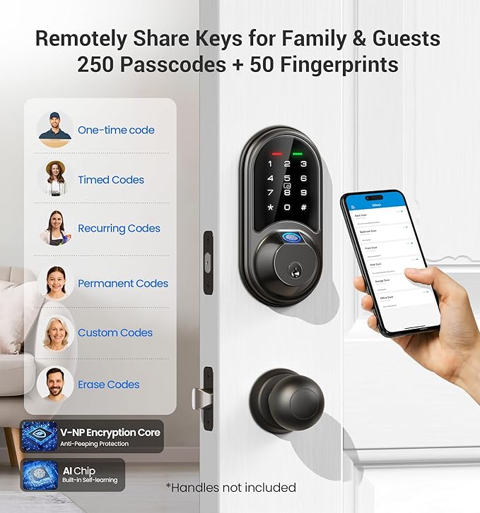 Veise RZ07 Fingerprint Smart Lock, 7-in-1 Smart Locks for Front Door, Keyless Entry Door Lock with App Control, Biometric Electronic Touchscreen Keypad Deadbolt, Matte Black