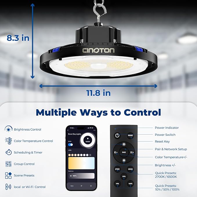 CINOTON Smart UFO LED High Bay Light 210W 29400lm, 2700K-6500K 1-100% Brightness Stepless Dimm Aluminum Shop Lights, ETL Listed Lighting for Garage Workshop, APP/Alexa/Remote Control, 120-277V, 1 Pack