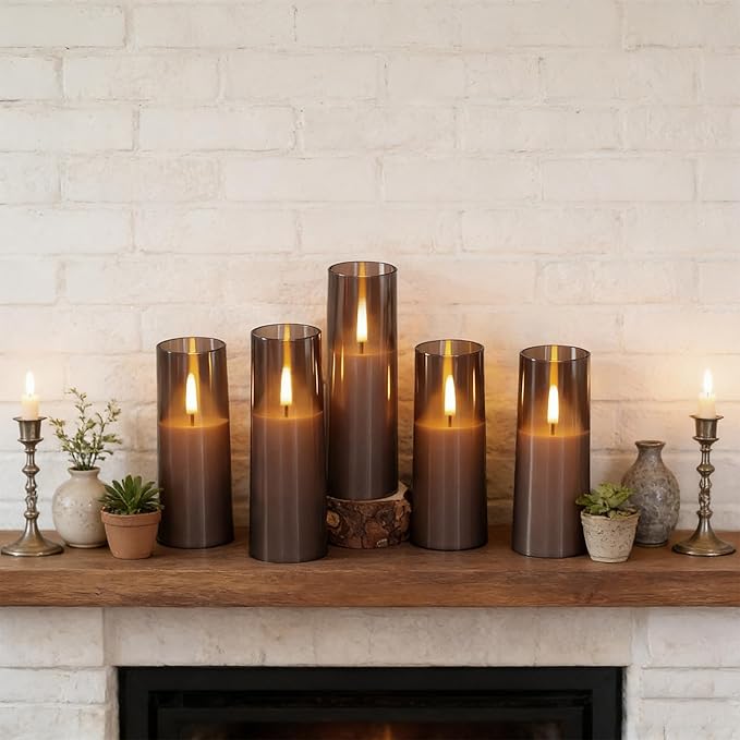 8 Packs Flameless Candles, Battery Operated with Remote, Arcylic Ribbed LED Flickering Candles, Realistic Dancing Flame Pillar Candles for Home, Wedding, Christmas Party D2.2 (Grey)