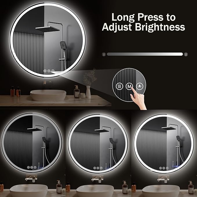 LED Bathroom Mirror 40 Inch Round Bathroom Mirror with Lights, Circle LED Mirror, Wall Mounted Lighted Bathroom with 3 Colors Brightness, Anti-Fog, Dimmable, Shatter-Proof