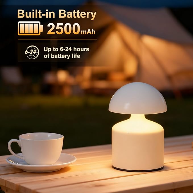 Modern Cordless Mushroom Small Table Lamp Touch LED Lamps, 3-Way Dimmable Bedside Nightstand Lamp Mini Rechargeable Night Light for Bedroom, Living Room (White)