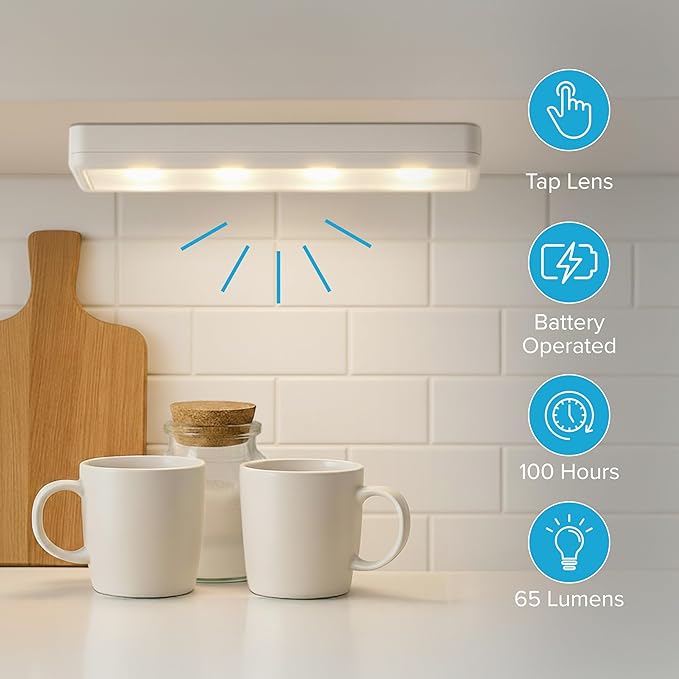Brilliant Evolution Pack of 2 Wireless LED Stick on Lights Battery Operated Under Cabinet Lighting - 8.5 Inches Long - 65 Lumens Push Light for Kitchen, Closet, and Countertops