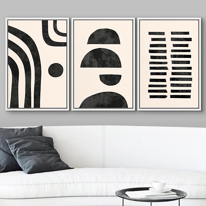 wall26 Framed Wall Art Print Set Black and Tan Semi Circles and Lines Geometric Shapes Digital Art Modern Art Mid-Century Modern Relax/Calm for Living Room, Bedroom, Office - 24"x36"x3 White