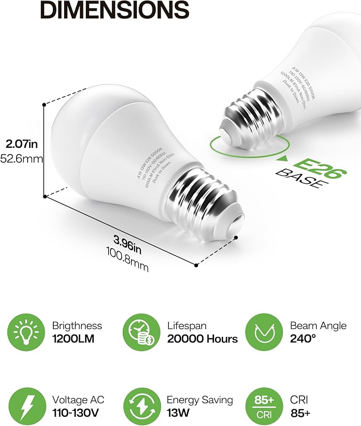 Dusk to Dawn Sensor LED Outdoor Light Bulb, Warm White 3000K, A19 13W(100 Watt Equivalent) Bright Porch Lighting, 1200LM, Auto-On/Off Photocell Sensor for Garage Yard Patio Garden- 2 Pack