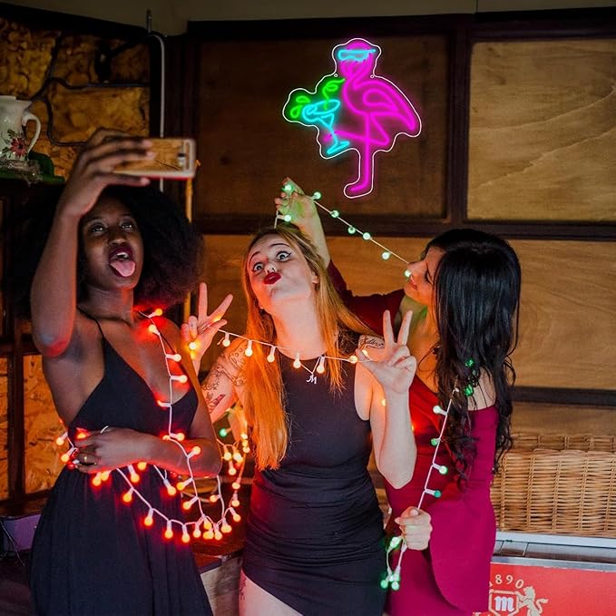 Drink LED Neon Sign Flamingos Cocktail Dimmable Sign for Wall Decor Light Up Sign USB Adjustable Brightness Animal Neon Light for Living Room Bars Pub Club Gatherings Art Wall Decor