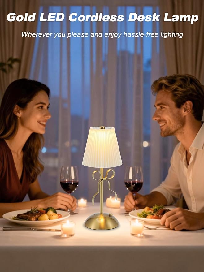 Cordless Table Lamp,Small Gold Bow Night Light,LED Rechargeable Reading Lights,3 Color Stepless Dimmable Touch Control Bedside Lamps,Bedroom Living Room Bar Desk Lamps Home Decor Ambient Lighting