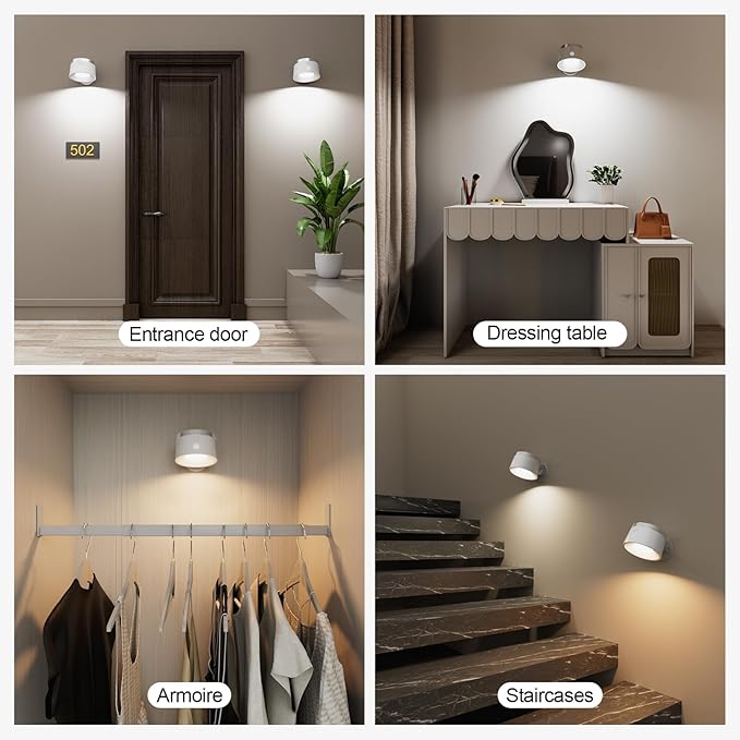 Moobibear Motion Sensor Wall Light Indoor, 3500mAh Rechargeable Battery Operated LED Wall Light, Wall Lamp Wireless with 360 ° Rotation, 3 Color Temperatures for Bedroom, Study, Corridor, Picture