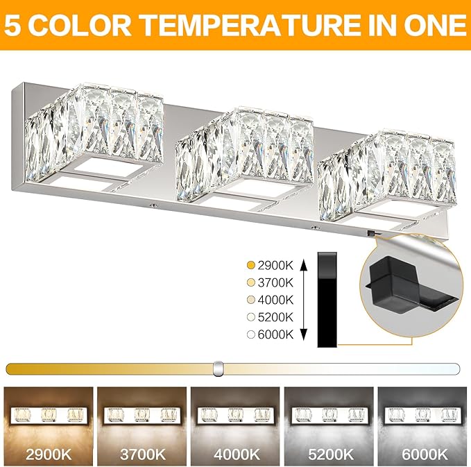 ZUZITO LED Bathroom Light Fixture - Modern 3 Light Crystal Vanity Light - Chrome Bathroom Wall Light 5CCT Dimmable