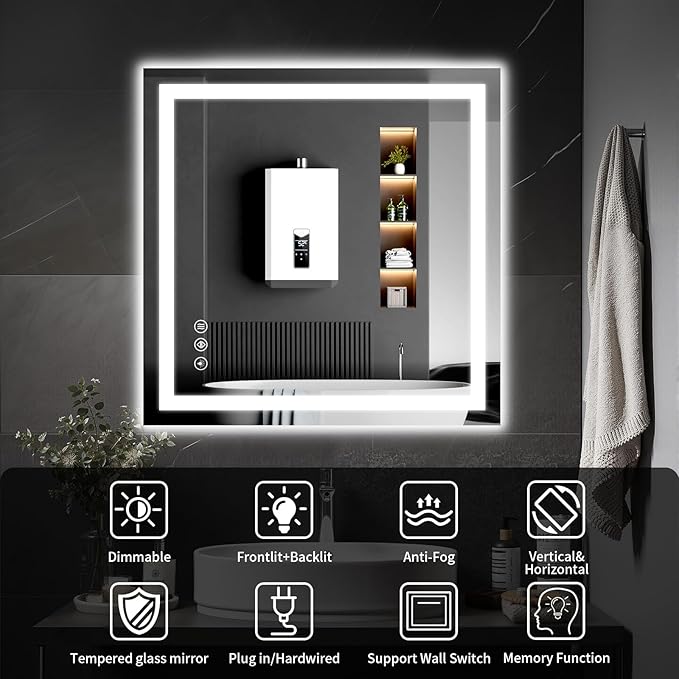 36"x36" LED Bathroom Mirror with Lights, Dimmable, Anti-Fog, Lighted Bathroom Vanity Mirror for Wall, Backlit + Front Lit, Memory Function, Shatter-Proof, Tempered Glass