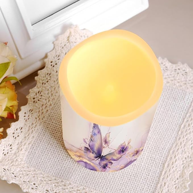 Purple Butterfly Marble Flickering Flameless Candles with Remote LED Pillar Candles Battery Operated with Timer Color Changing Electric Candles Decoration