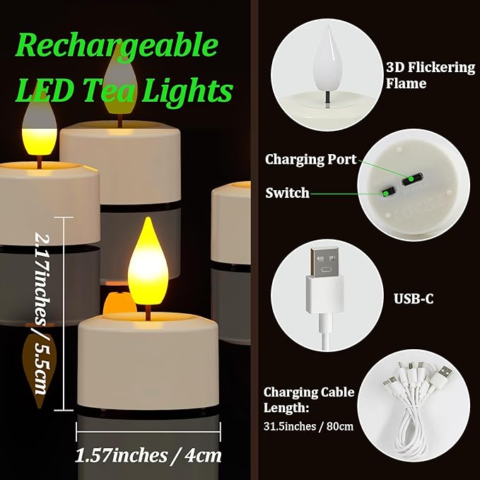 SoulBay Rechargeable Tea Lights with Remote, 12pcs Flameless Flickering LED Candles with Timer & USB Charging Cable, No Battery Needed, for Home Lantern Table Party Holiday Decorations