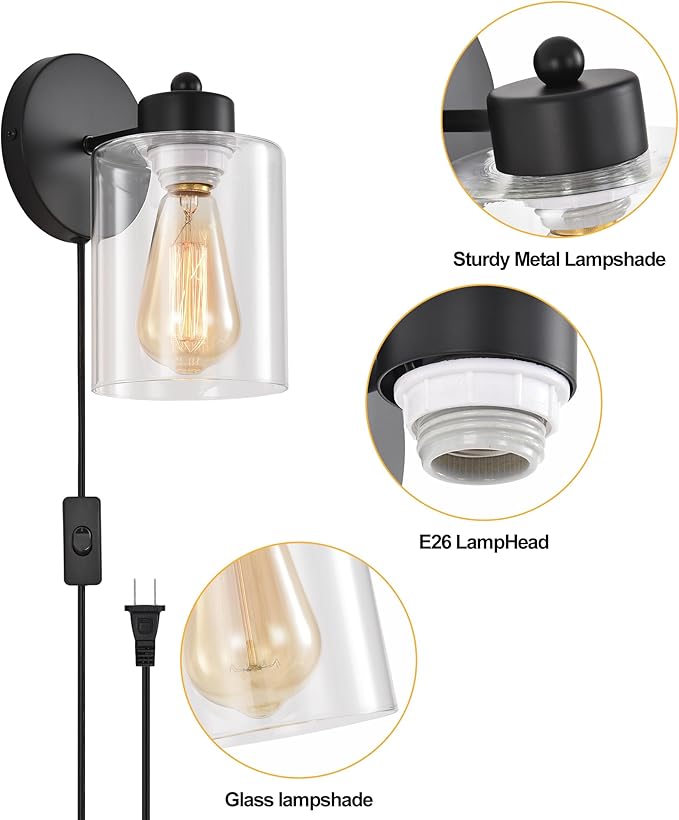 Metal Sconces Wall Lighting with Clear Glass Shade,Bathroom Black Vanity Light Matte Black Wall Sconce, Matte Black Vanity Lights for Bathroom, Modern Wall Light Fixtures