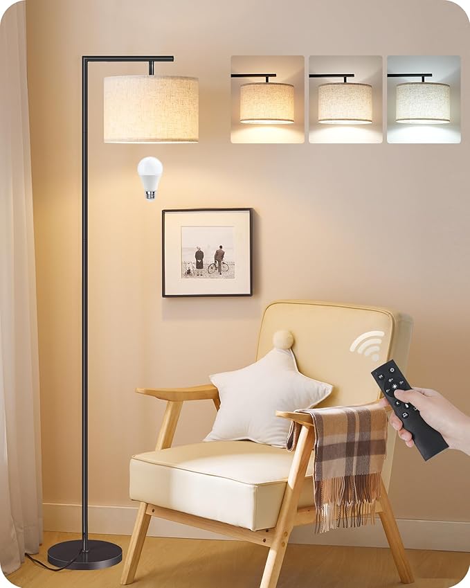 Modern Dimmable Floor Lamp for Living Room with Adjustable Color Temperature LED Bulb, ARC Standing Lamp with Remote Control, Tall Reading Lamp for Bedroom, Office, Black, E11LD05