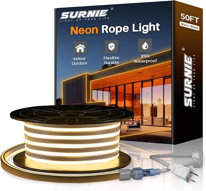 SURNIE 50ft/15m LED Neon Rope Lights - Commercial Neon Strip Light Outdoor Waterproof - 110V Flex Warm White Neon Lights Connectable DIY Strips Lighting for Indoor Outdoor Decor