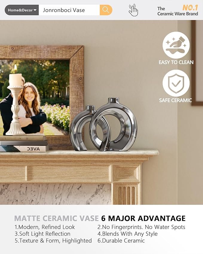 Set of 2 Silver Ceramic Vases for Home Decor Accents - Unique Hollow Donut Artistic Design Modern Contemporary Glam Style Decorative Vases for Shelf, Mantel, Entryway Table Decor (Matte Silver)