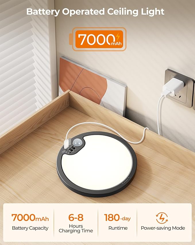 BLNAN Rechargeable Shower Light Indoor, 7000mAh Motion Sensor Wireless Ceiling Light with Remote, Battery Operated Ceiling Light, LED Overhead Lighting for Pantry Bathroom 2 Pack