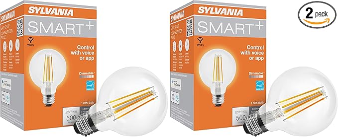 Sylvania WiFi LED Smart G25 Light Bulb, 5W Efficient with Filament, for Alexa/Google Assistant, Energy Star, Clear, 2700K, Soft White - 2 Pack (75798)