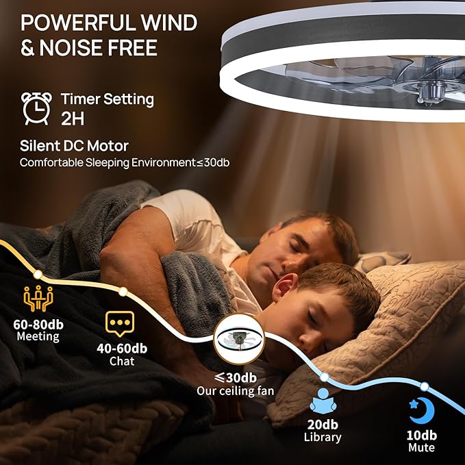 RGB Ceiling Fans with Lights, 20" Fandelier Low Profile Ceiling Fan with Light, Modern Flush Mount Ceiling Fan Light with Remote/APP Control, Bedroom Chandelier Fan Fixture for Indoor(Black)