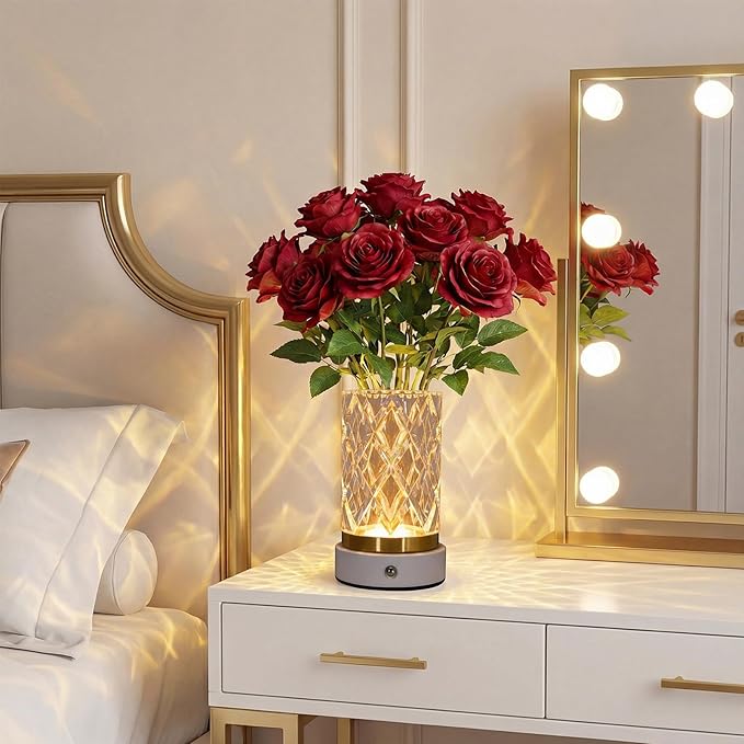 Crystal Table Lamp, Portable LED Bedside Lamp Touch Control, 3 Color Modes Dimmable, USB Rechargeable Night Light, Water Cup Design for Bedroom Living Room Home Decor
