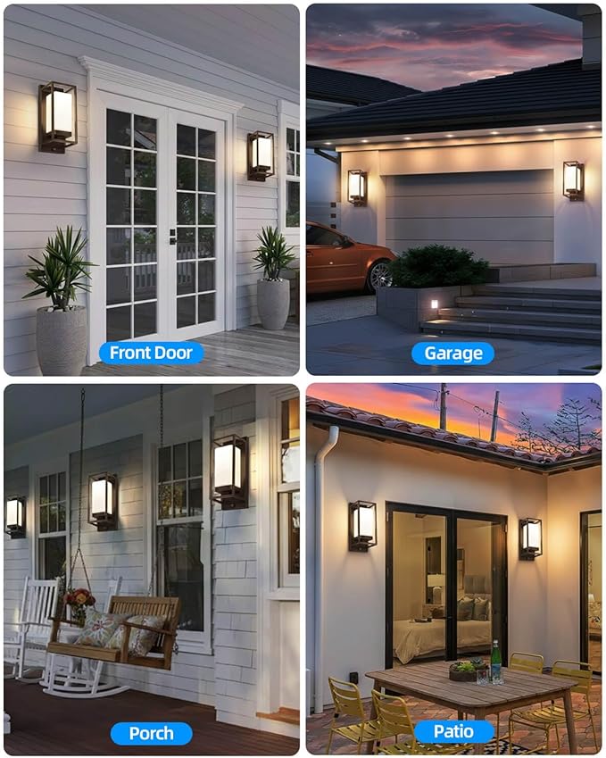RAYVO Modern Outdoor Wall Light with Dusk to Dawn Sensor, Waterproof Exterior Lighting Fixtures with E26 Base, 3000K LED Bulb Included, Outdoor Sconce Lights for Porch Garage Entryway, Bronze, 2 Pack