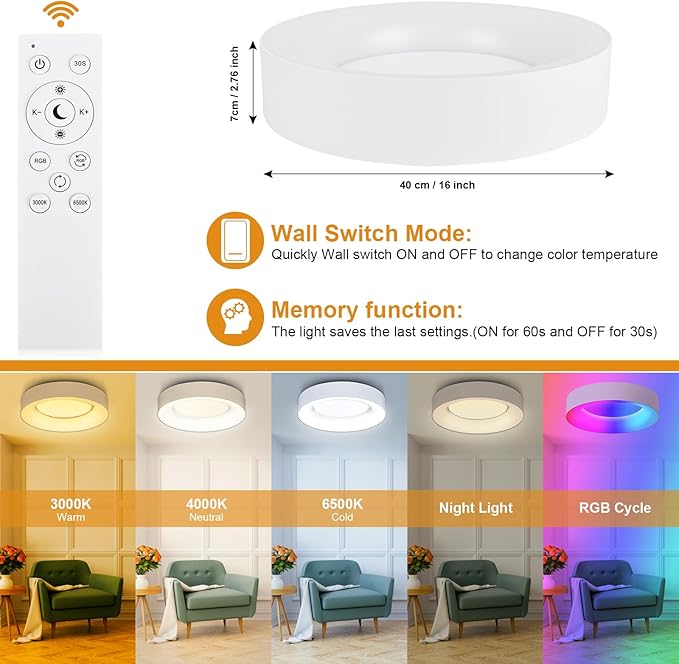 LEZOE 36W 16 Inch RGB Flush Mount LED Ceiling Light Dimmable with Remote Control, 3600lm Color Changing Ceiling Light Fixture, 3000K-6500K Ceiling Lamp for Bedroom Kitchen Hallway Party Living Room