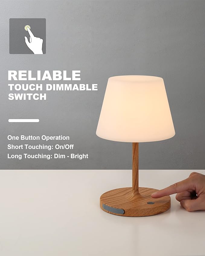 Outdoor Battery Operated Table Lamp Waterproof, 4000mAh Cordless Table Lamp Rechargeable, Touch Dimmable Desk Lamp, LED Night Light for Patio Camping Restaurant Home (Wood Grain, 9.6in)