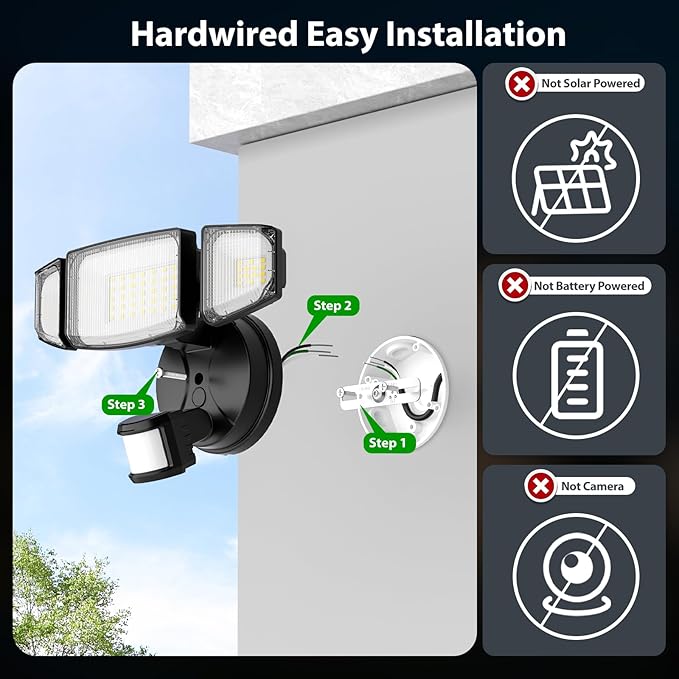 iMaihom 65W 6500LM LED Security Lights Motion Sensor Light Outdoor, 6500K Daylight, IP65 Waterproof, Dusk to Dawn, Hardwired 3-Head Motion Detected Flood Light for Garage, Yard, Porch (Black, 1 Pack)