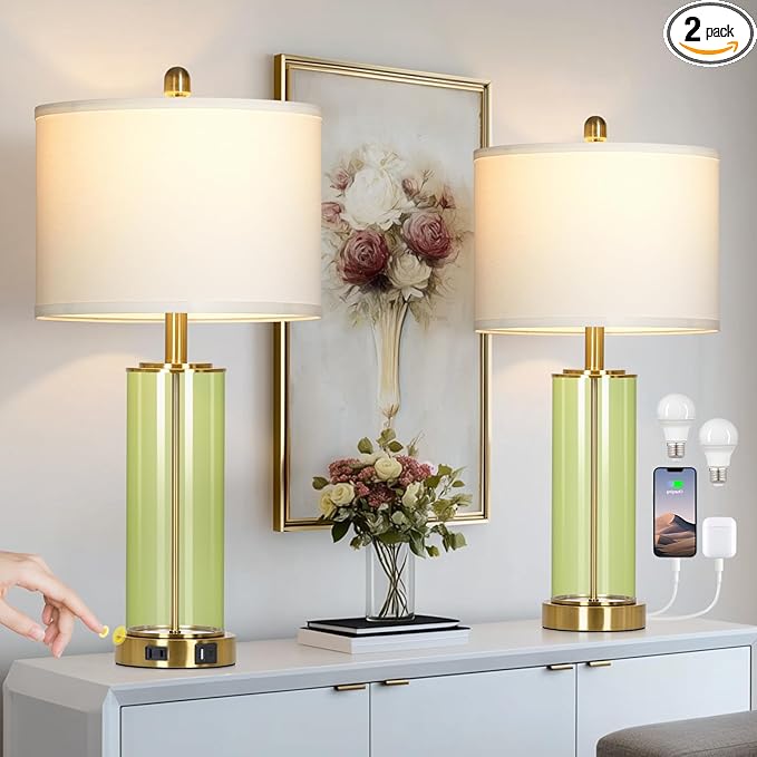 26" Green Glass Table Lamps for Bedside, Modern Living Room Lamps Set of 2, Elegant Coastal Bedroom Lamp with USB A+C Ports & AC Outlet, 3-Way Dimmable Touch Lamp for Nightstand Dining Table