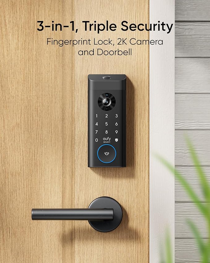 eufy Security Video Smart Lock E330, 3-in-1 Camera+Doorbell+Fingerprint Keyless Entry Door Lock, Smart Built-in Wi-Fi Deadbolt for Front Door, Auto Lock, 8 GB Built‑in Storage, Easy Installation