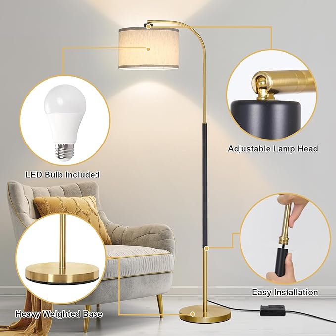 Dimmable Floor Lamp for Living Room, Arc Floor Lamps with Adjustable Drum Shade Pedal Switch, Black and Gold Tall Standing Lamp with 9W LED Bulb, Modern Reading Light Pole Lamp for Bedroom, Office