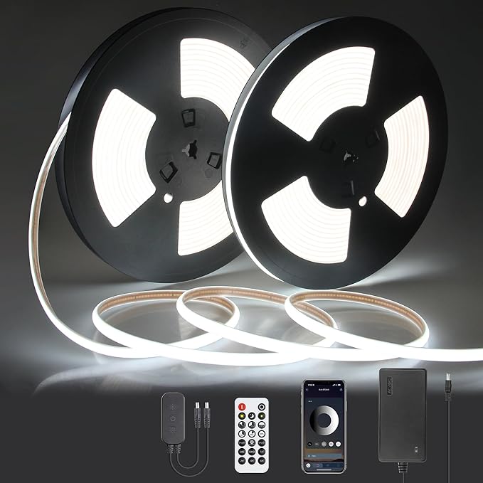 Outdoor COB LED Lights Strip Waterproof 24V 65.6FT 6000K Daylight White Dimmable Flexible COB LED Tape Light with Remote Bluetooth 320LED/M Super Bright Adhesive for Cabinet Courtyard (20M/2roll)