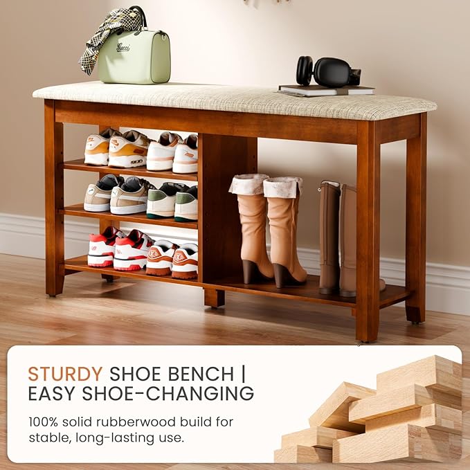 Shoe Rack Bench with Flip-Top Storage, Solid Wood Entryway Bench with Cushion, Adjustable Shelf, Shoe Organizer for Front Door Entrance, Hallway, Living Room, Mudroom (Beige, 39.4" L)