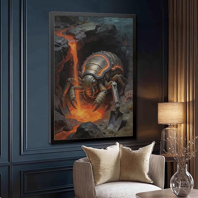 Framed Steampunk Mechanical Trilobite Wall Art - Volcanic Underwater Retro Poster for Garage Apartment Decor 16x24in