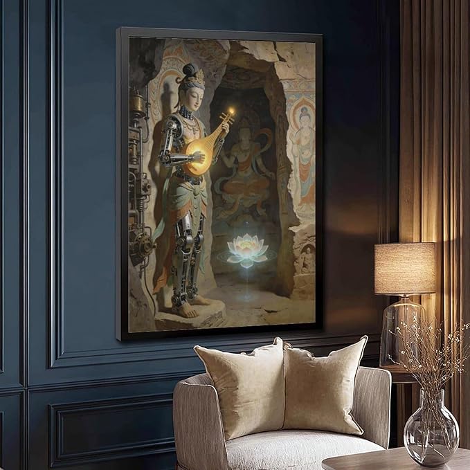 Framed Steampunk Mechanical Fairy Wall Art - Cultural Retro-Futuristic Poster for Home Office Bedroom Decor 24x36in