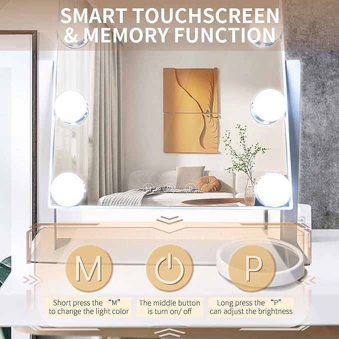 Makeup Vanity Mirror with Lights 13.77"x 11.81" LED Makeup Mirror Detachable 10X Magnification, Hollywood Make Up Mirror with Lighting, Smart Touch, Rechargeable,360° Rotation, (White)